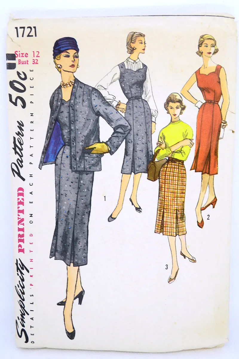 1956 Simplicity 1721 Vintage Sewing Pattern for Dress or Jumper & Skirt