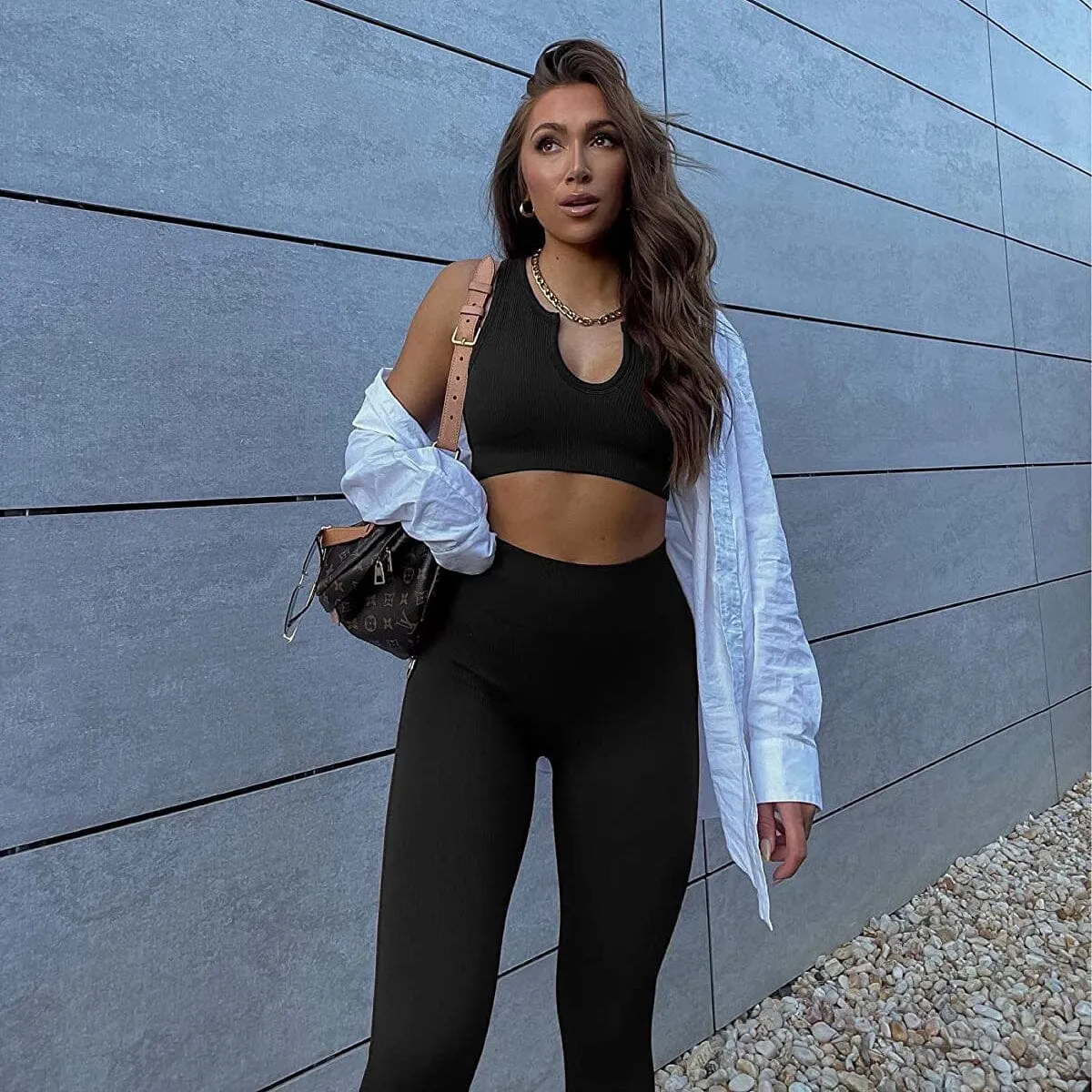 2-Piece Set: Ribbed Seamless Crop Tank High Waist Yoga Leggings