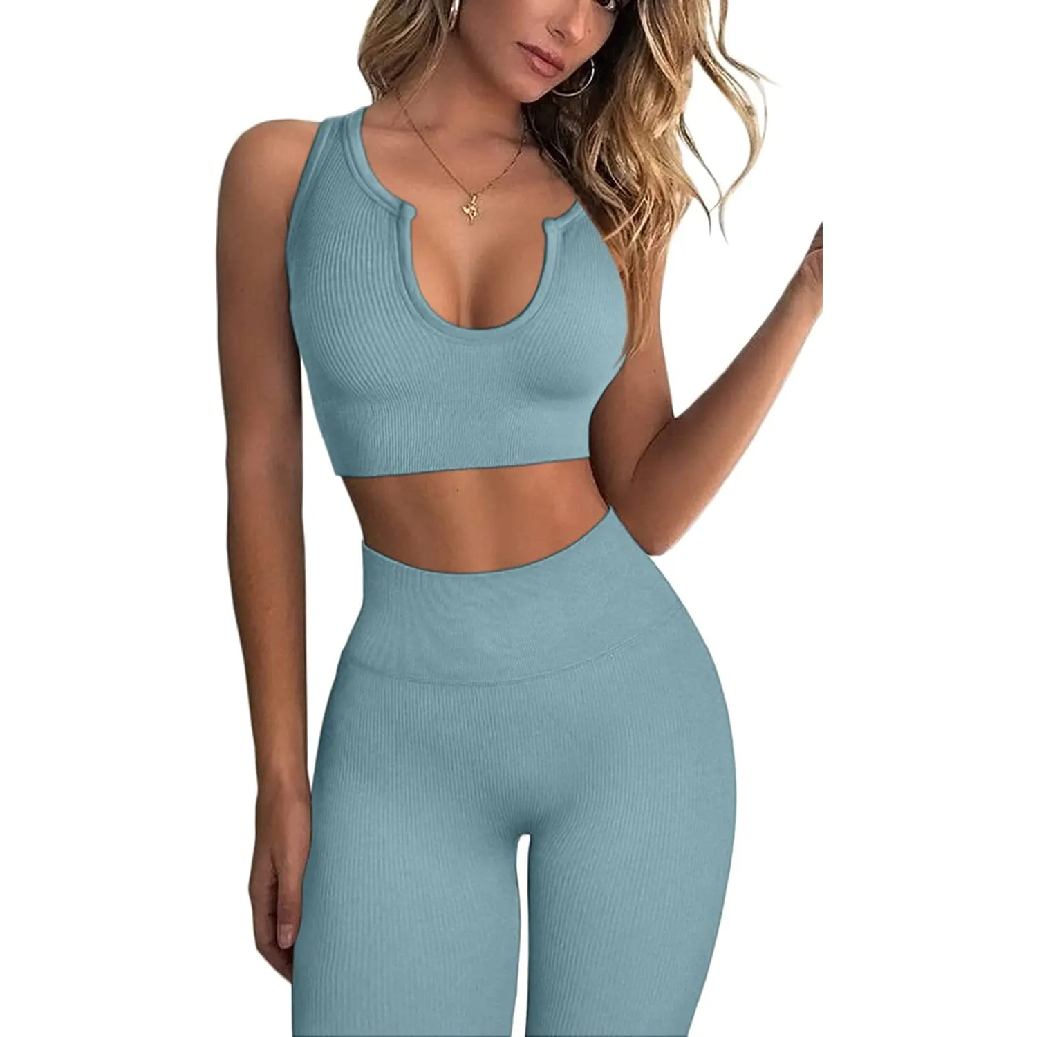 2-Piece Set: Ribbed Seamless Crop Tank High Waist Yoga Leggings