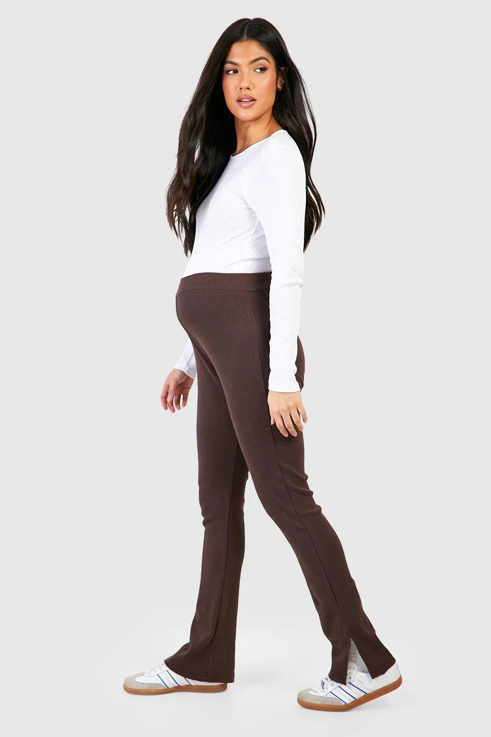BH Maternity Rib Split Hem Leggings-2343-Brown
