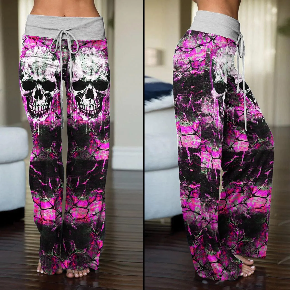 Black Pink Skull Horror High-waisted Wide Leg Pants