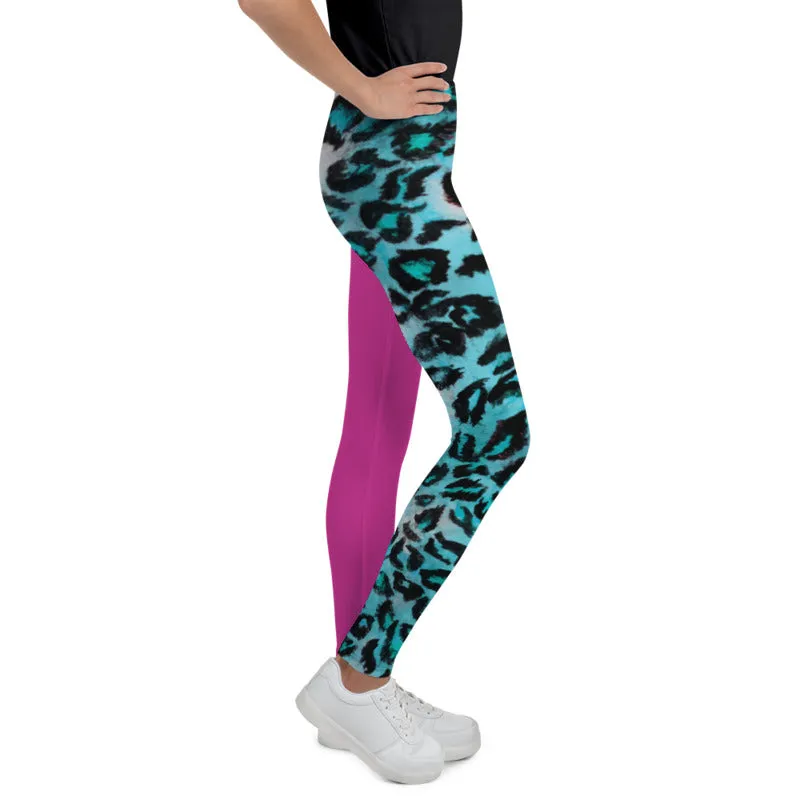 Blue Leopard Youth Leggings, Hybrid Animal Print Hot Pink Girl's Tights- Made in USA/EU