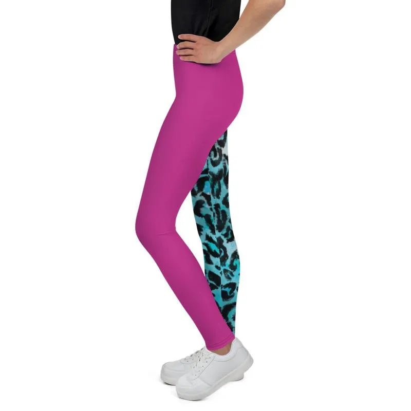 Blue Leopard Youth Leggings, Hybrid Animal Print Hot Pink Girl's Tights- Made in USA/EU