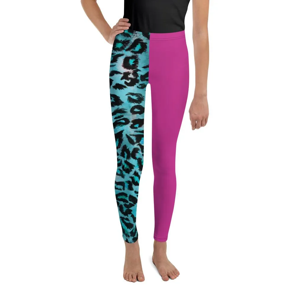 Blue Leopard Youth Leggings, Hybrid Animal Print Hot Pink Girl's Tights- Made in USA/EU
