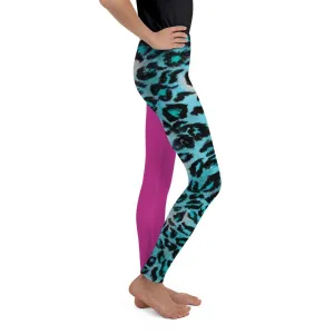 Blue Leopard Youth Leggings, Hybrid Animal Print Hot Pink Girl's Tights- Made in USA/EU