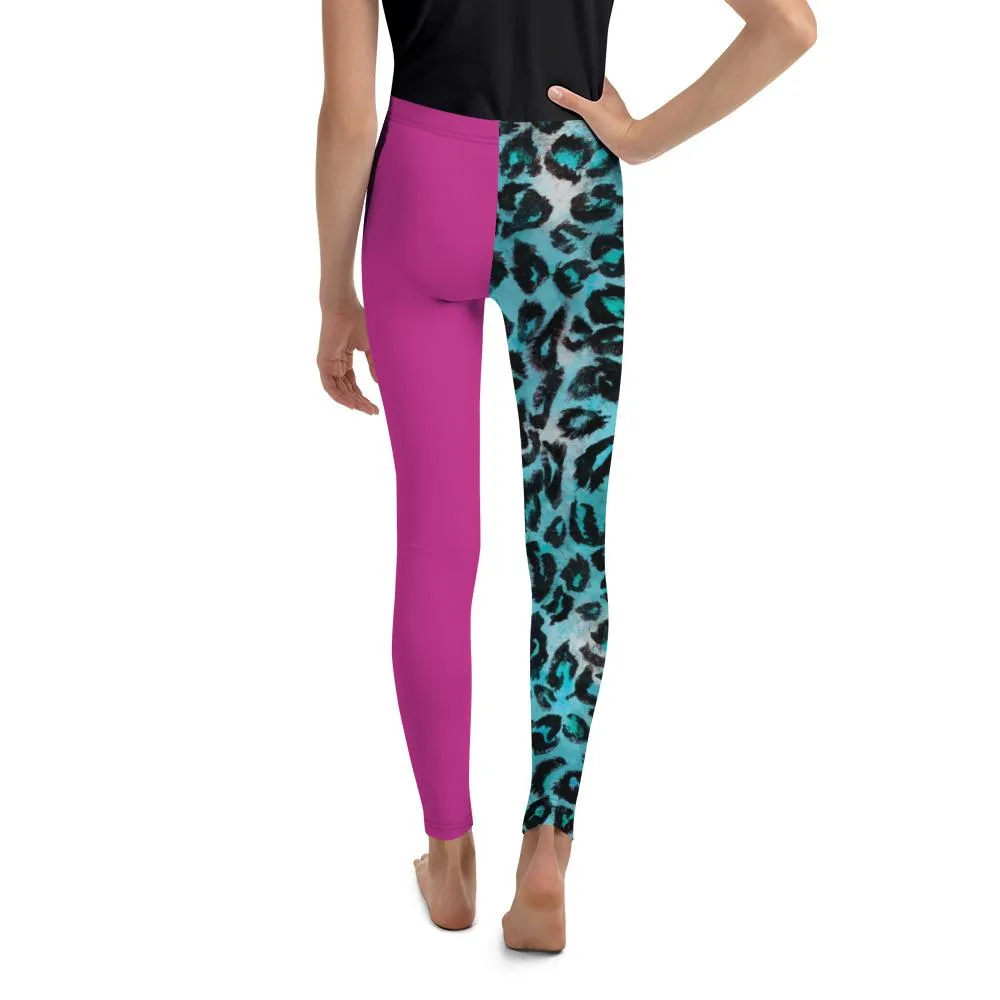 Blue Leopard Youth Leggings, Hybrid Animal Print Hot Pink Girl's Tights- Made in USA/EU