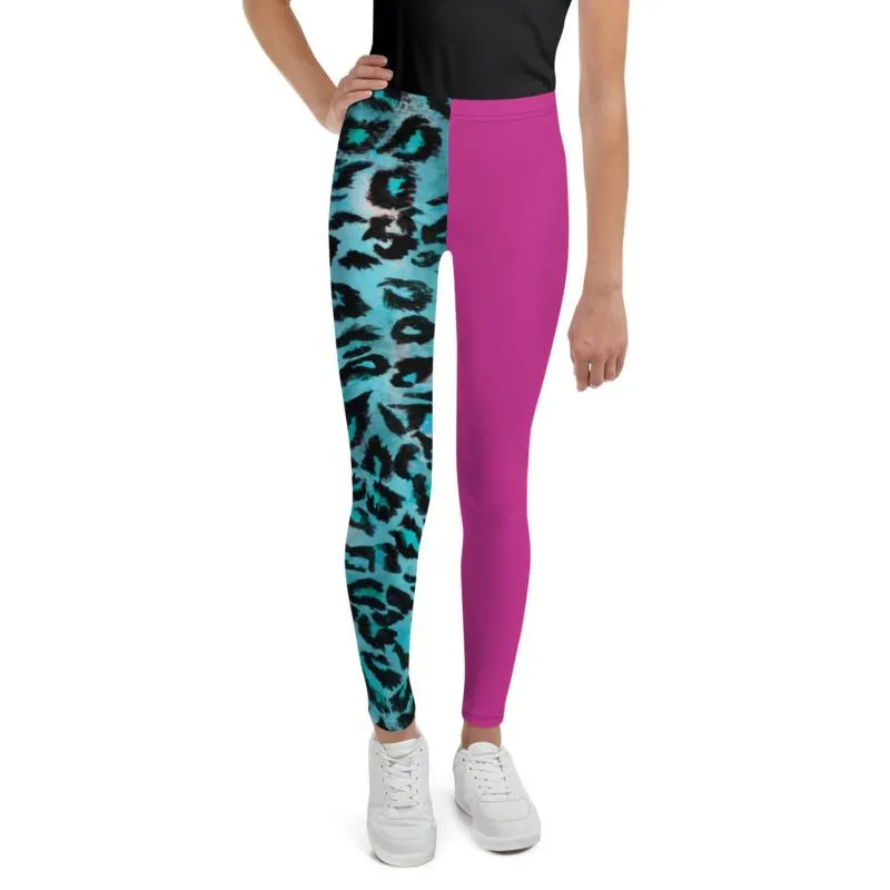 Blue Leopard Youth Leggings, Hybrid Animal Print Hot Pink Girl's Tights- Made in USA/EU