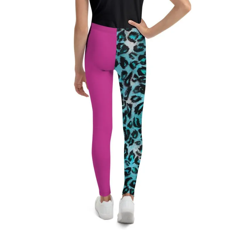 Blue Leopard Youth Leggings, Hybrid Animal Print Hot Pink Girl's Tights- Made in USA/EU
