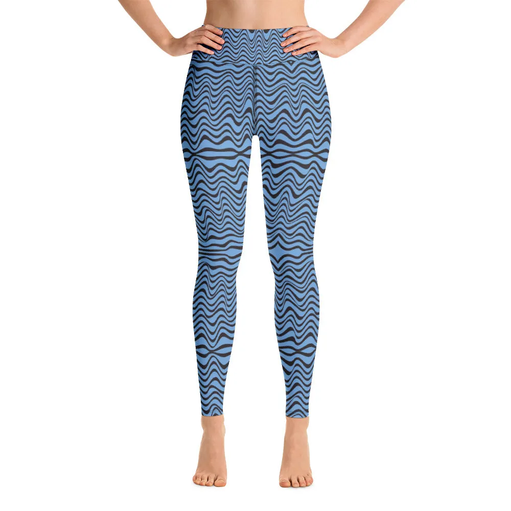 Blue Wave Women's Yoga Leggings, Abstract Wavy Ladies' Long Yoga Pants-Made in USA/EU/MX