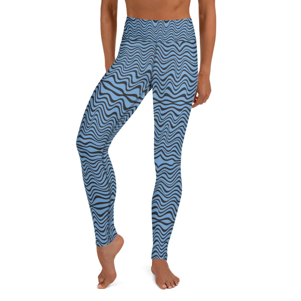 Blue Wave Women's Yoga Leggings, Abstract Wavy Ladies' Long Yoga Pants-Made in USA/EU/MX