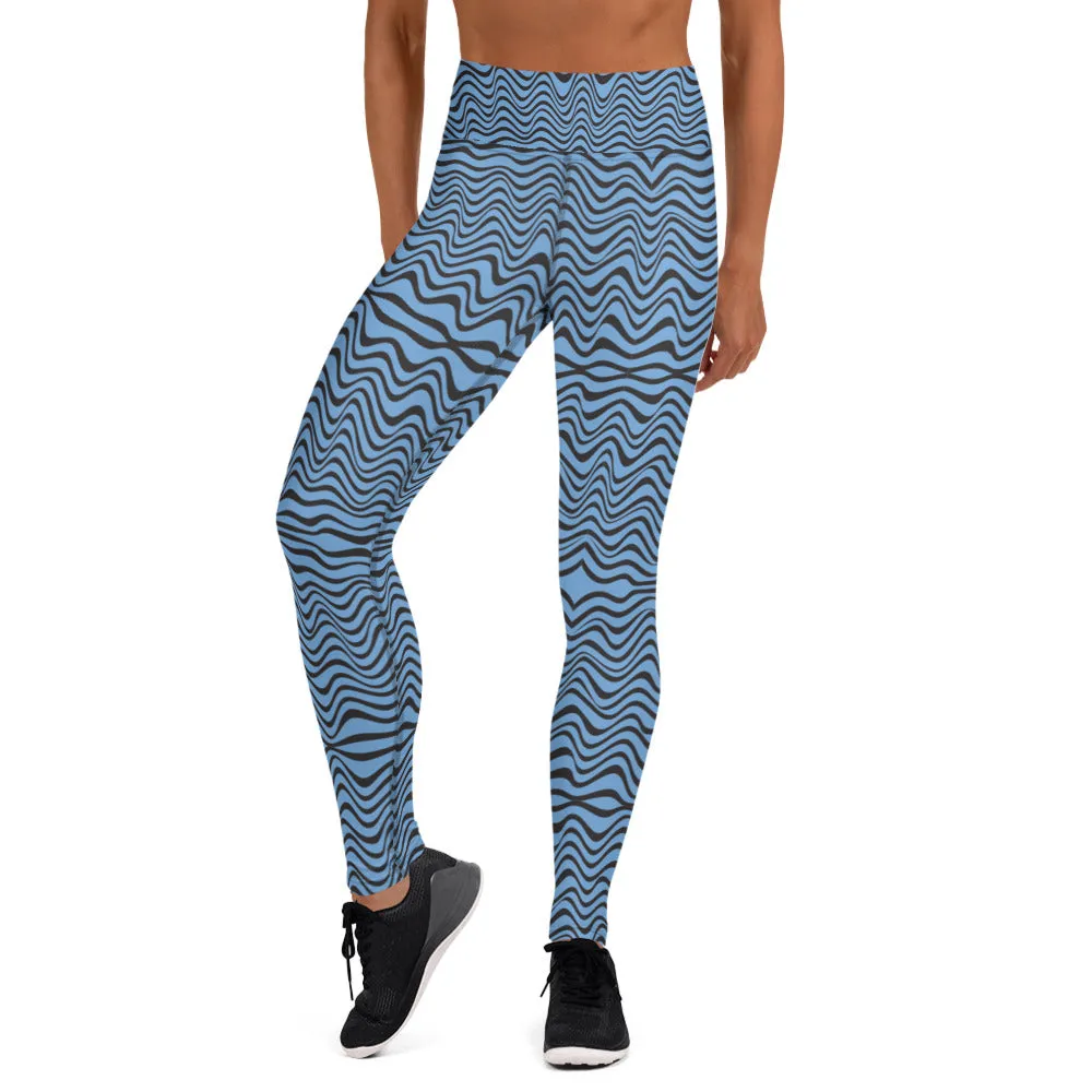 Blue Wave Women's Yoga Leggings, Abstract Wavy Ladies' Long Yoga Pants-Made in USA/EU/MX