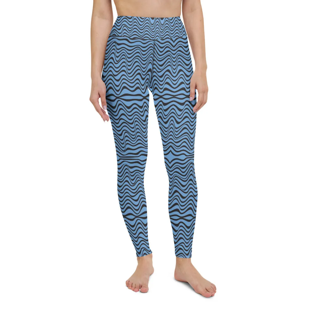 Blue Wave Women's Yoga Leggings, Abstract Wavy Ladies' Long Yoga Pants-Made in USA/EU/MX