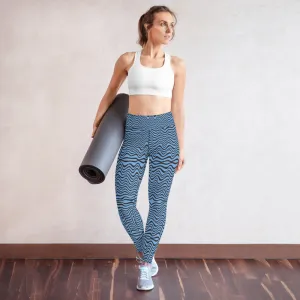 Blue Wave Women's Yoga Leggings, Abstract Wavy Ladies' Long Yoga Pants-Made in USA/EU/MX