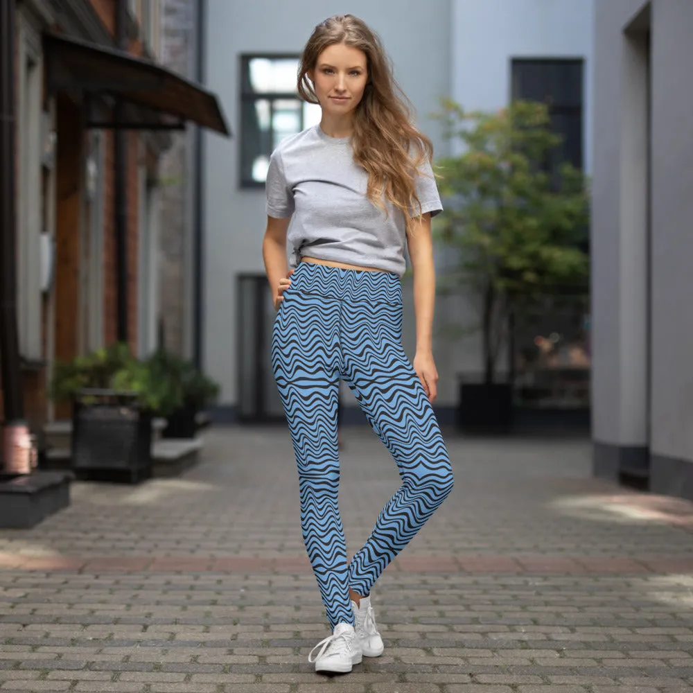 Blue Wave Women's Yoga Leggings, Abstract Wavy Ladies' Long Yoga Pants-Made in USA/EU/MX