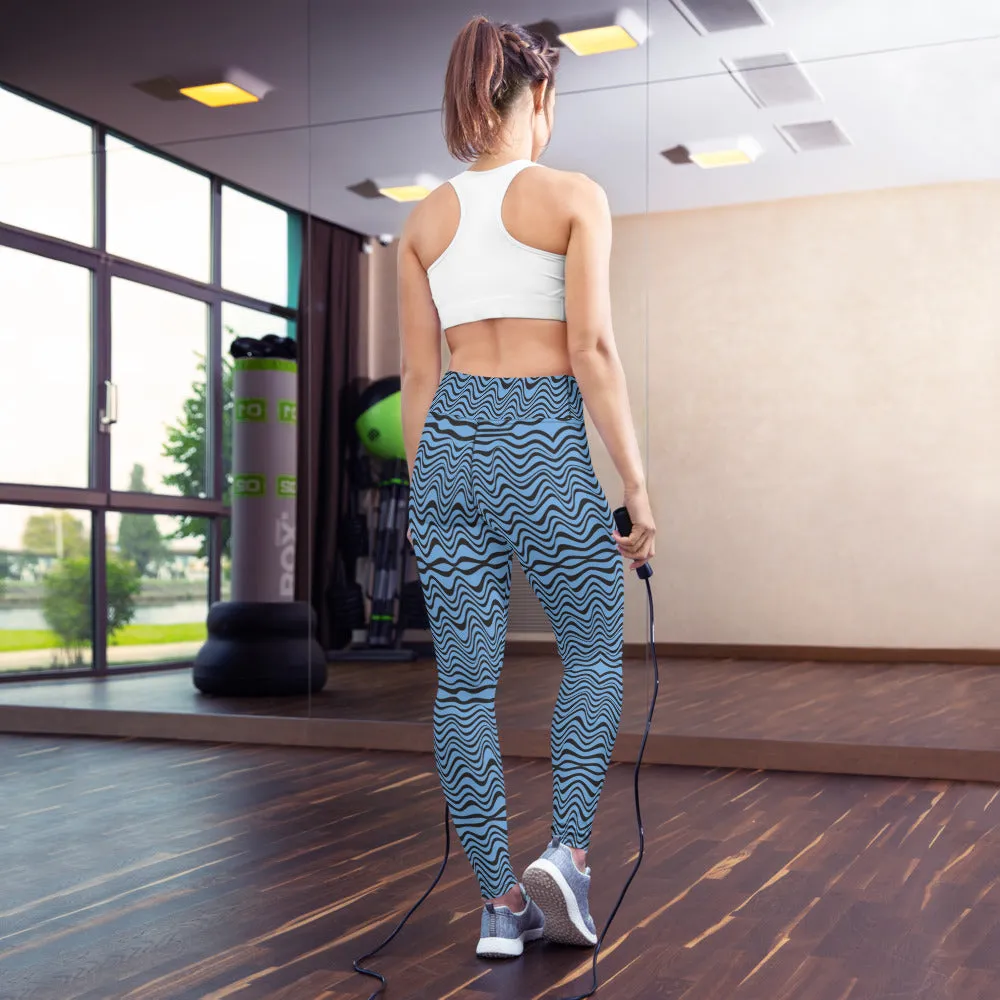 Blue Wave Women's Yoga Leggings, Abstract Wavy Ladies' Long Yoga Pants-Made in USA/EU/MX