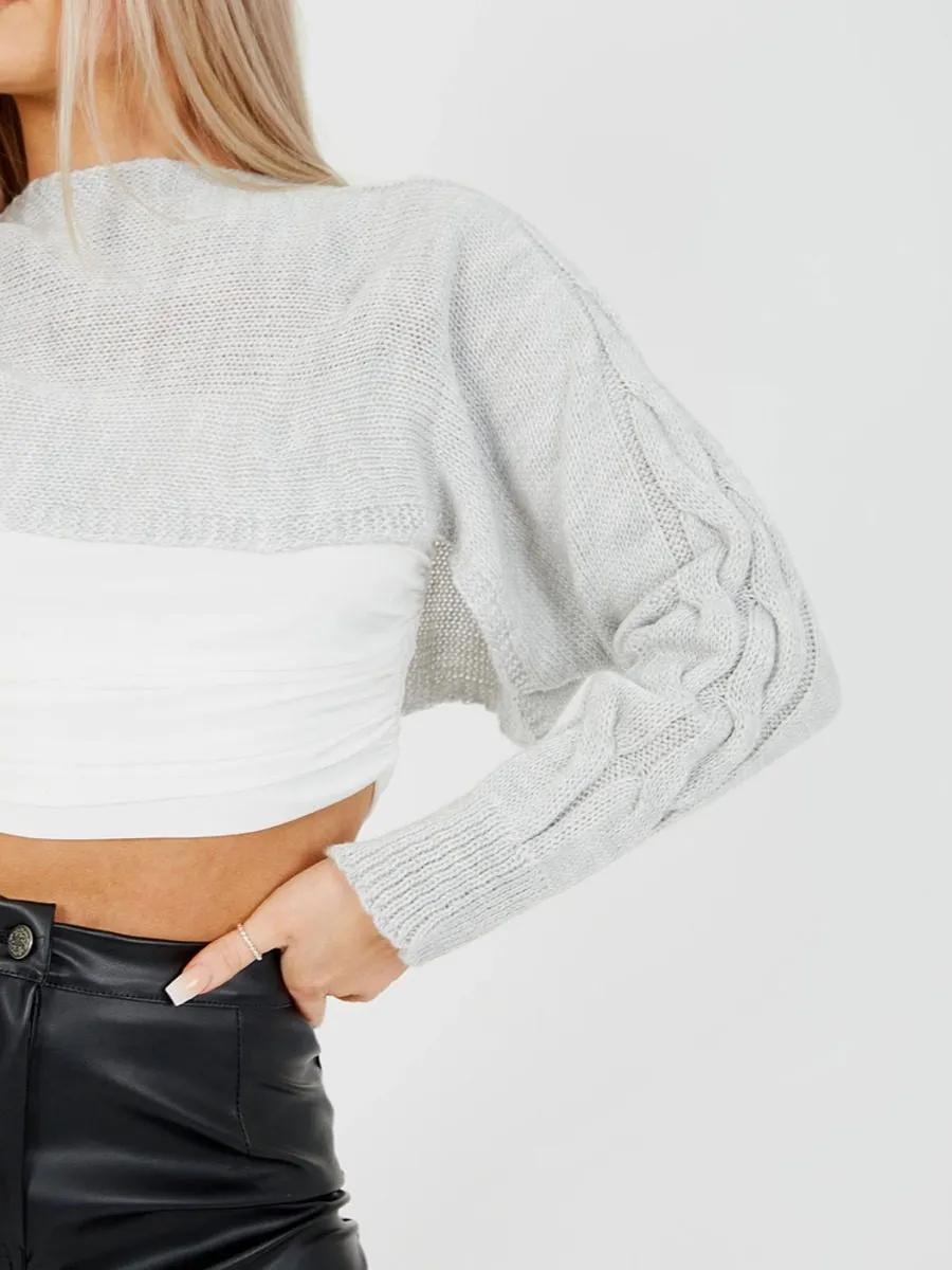 Darren Cable Knit Sleeve Cropped Knitted Jumper In Grey