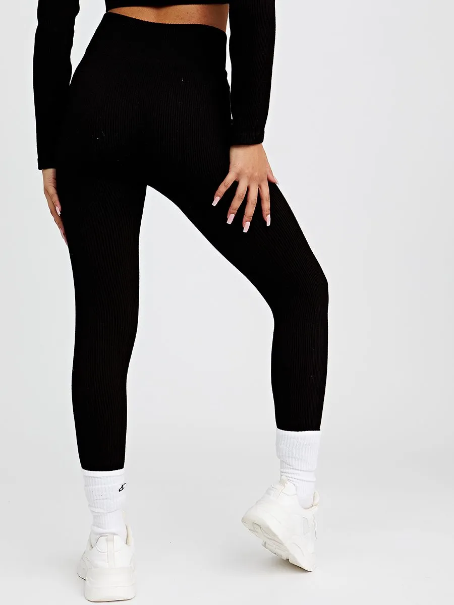 Daya Patricia Long Sleeves Ribbed Crop Top & Leggings Co-ord In Black