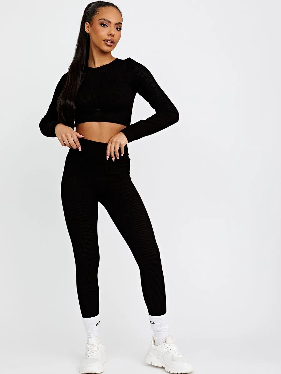 Daya Patricia Long Sleeves Ribbed Crop Top & Leggings Co-ord In Black