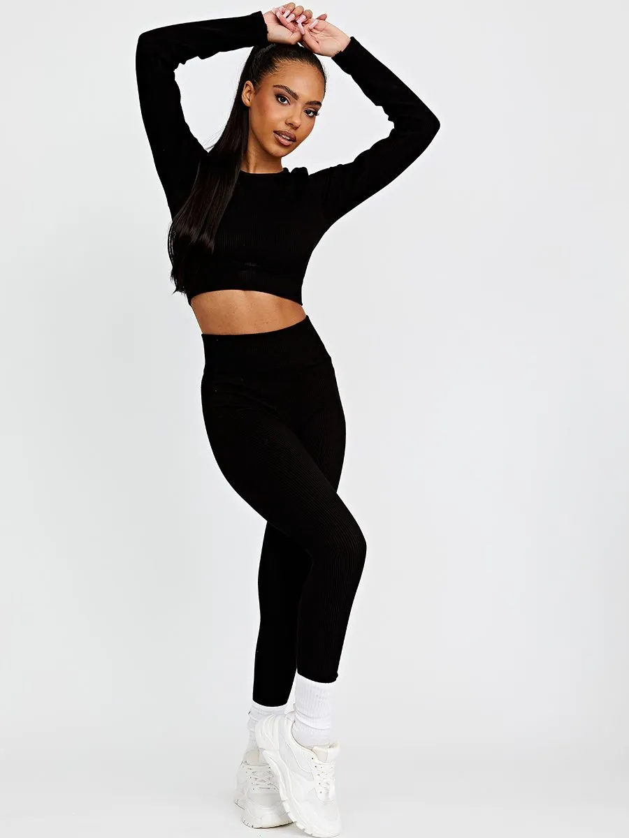 Daya Patricia Long Sleeves Ribbed Crop Top & Leggings Co-ord In Black