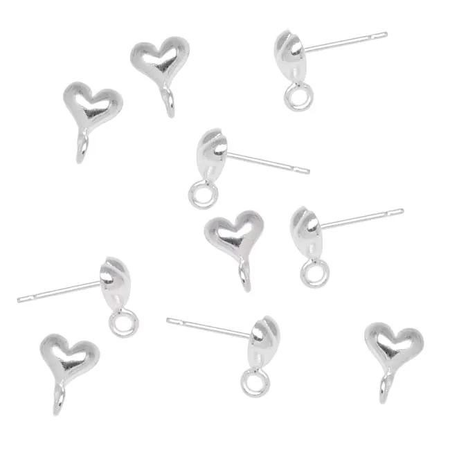 Earring Posts, Heart with Loop 6mm, Silver Plated (5 Pairs)