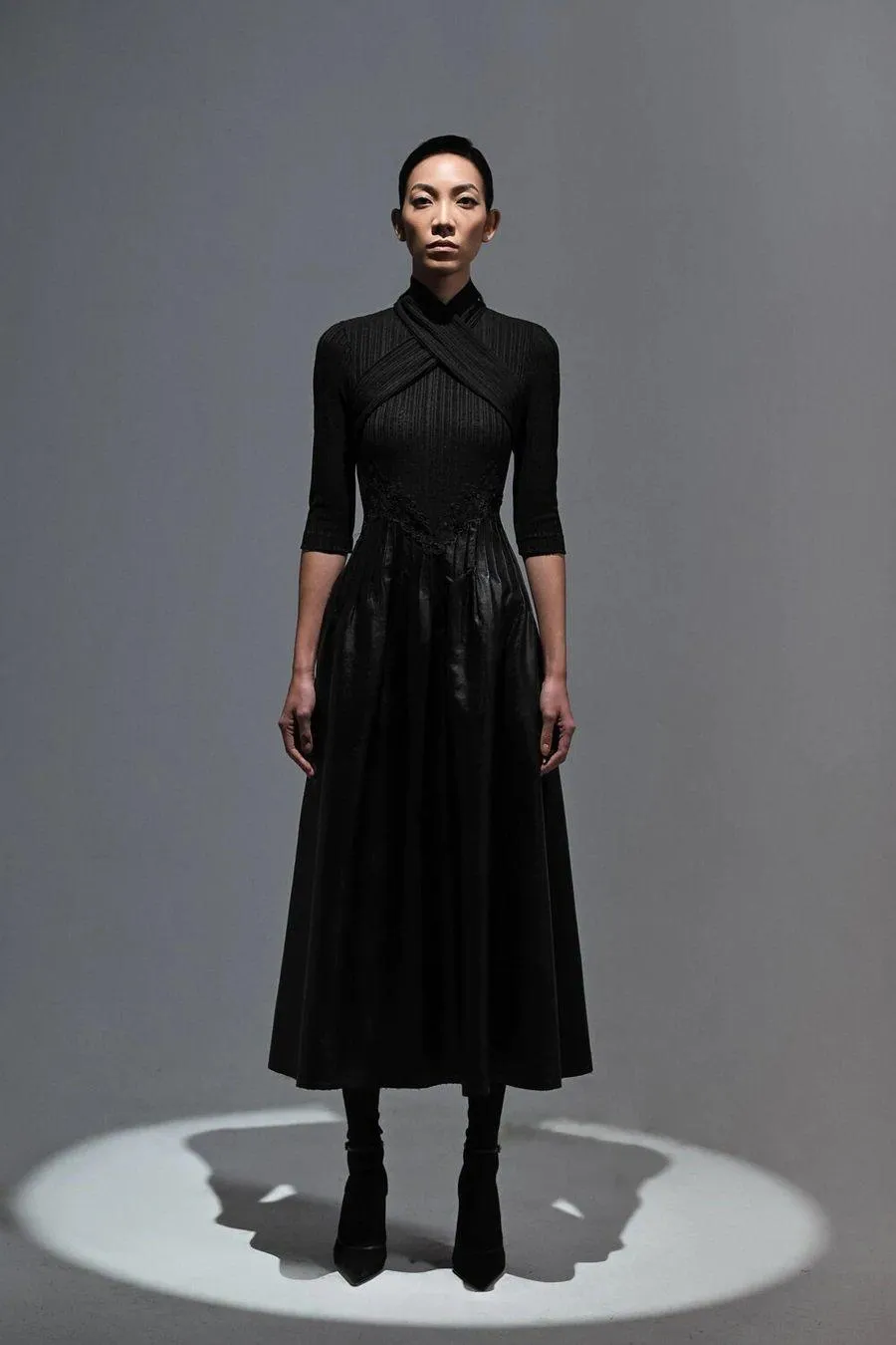 Elegant high cross neck black midid dress- Alexandra