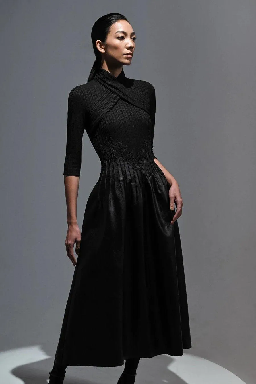 Elegant high cross neck black midid dress- Alexandra