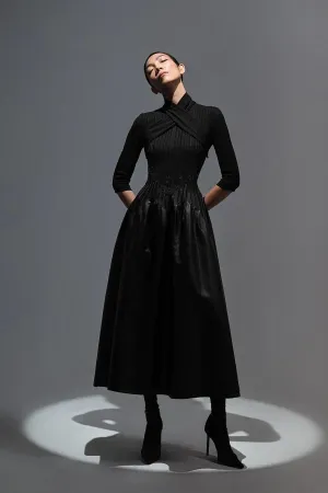 Elegant high cross neck black midid dress- Alexandra