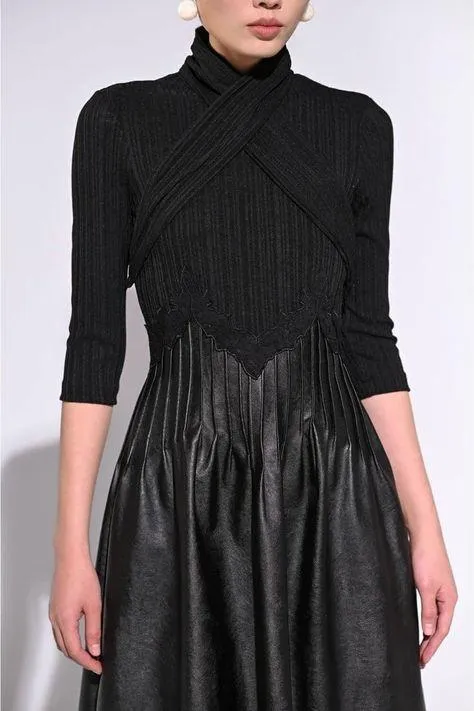 Elegant high cross neck black midid dress- Alexandra