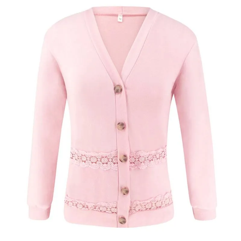 Fashion Hollow Lace Stitching Women Coats and Jackets Winter Casual Solid Long Sleeve Cardigan Coat Button V Neck Women Jackets