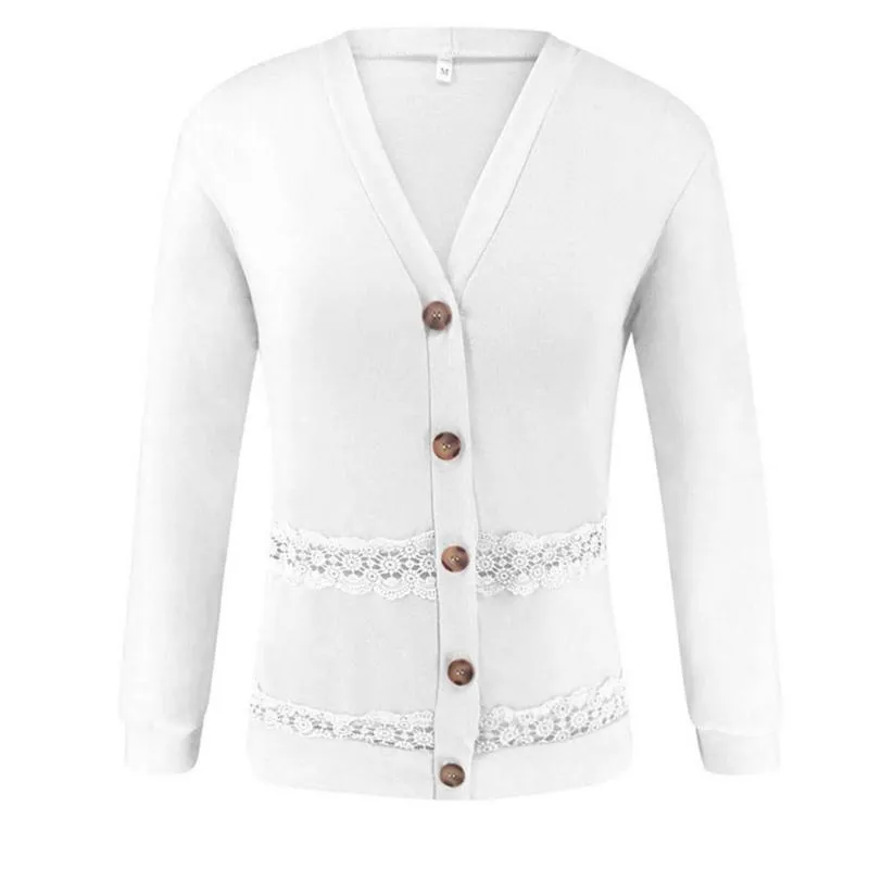 Fashion Hollow Lace Stitching Women Coats and Jackets Winter Casual Solid Long Sleeve Cardigan Coat Button V Neck Women Jackets