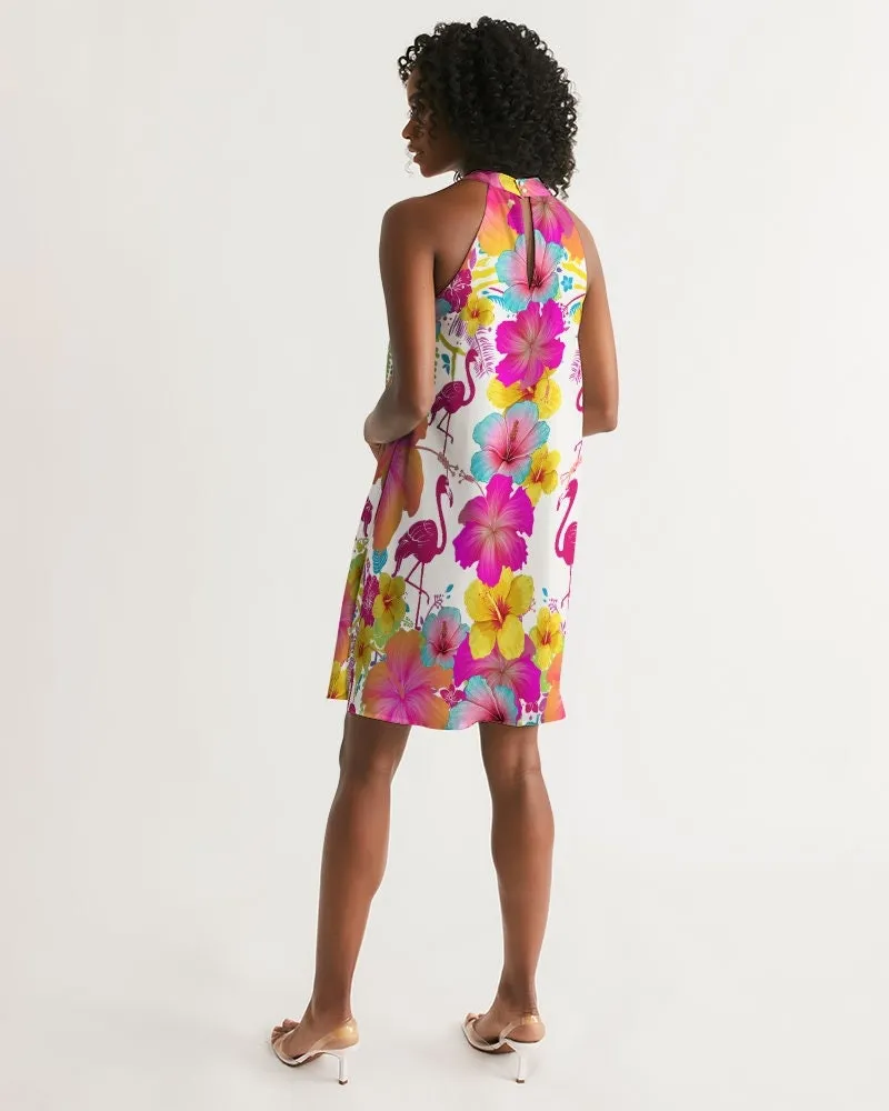 Flamingos Hibiscus Floral Halter Dress