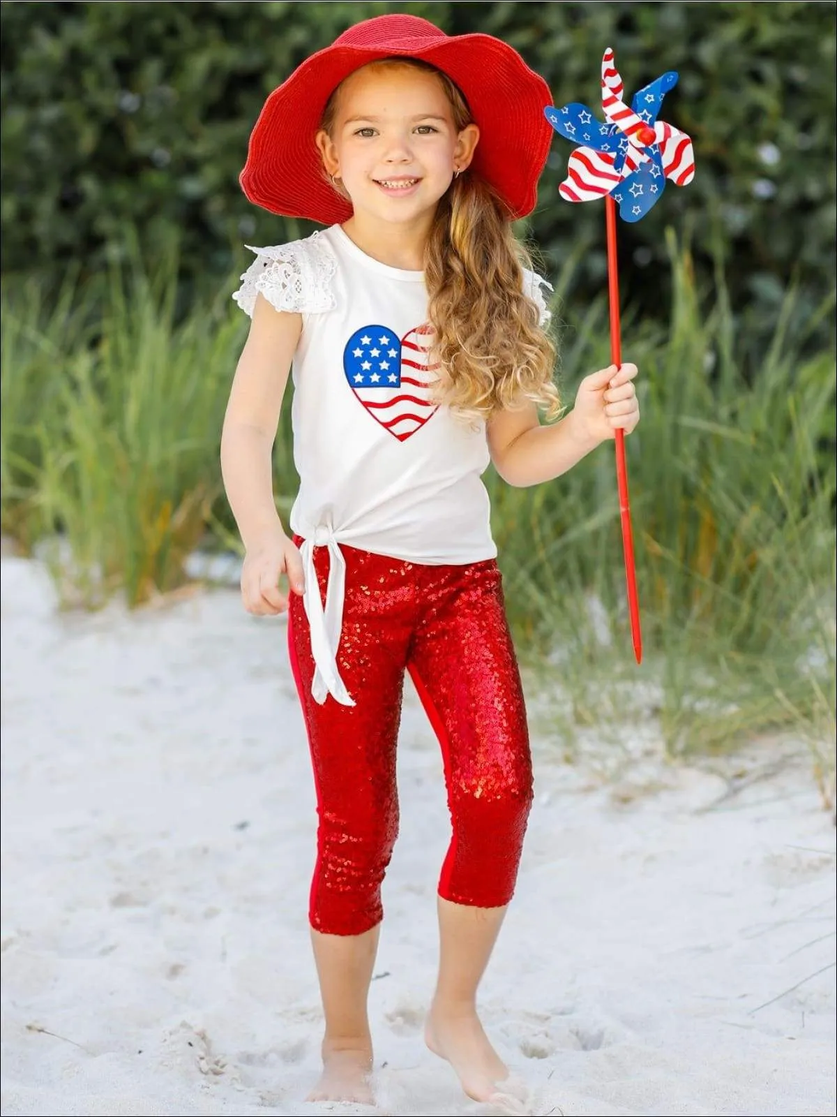 Girls 4th of July Themed American Flag Heart Top & Sequin Leggings Set