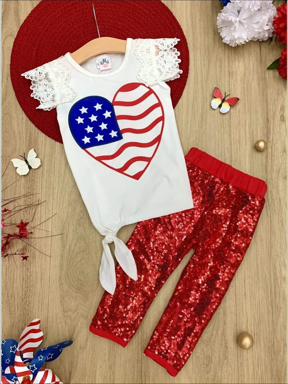 Girls 4th of July Themed American Flag Heart Top & Sequin Leggings Set