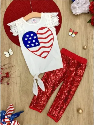 Girls 4th of July Themed American Flag Heart Top & Sequin Leggings Set