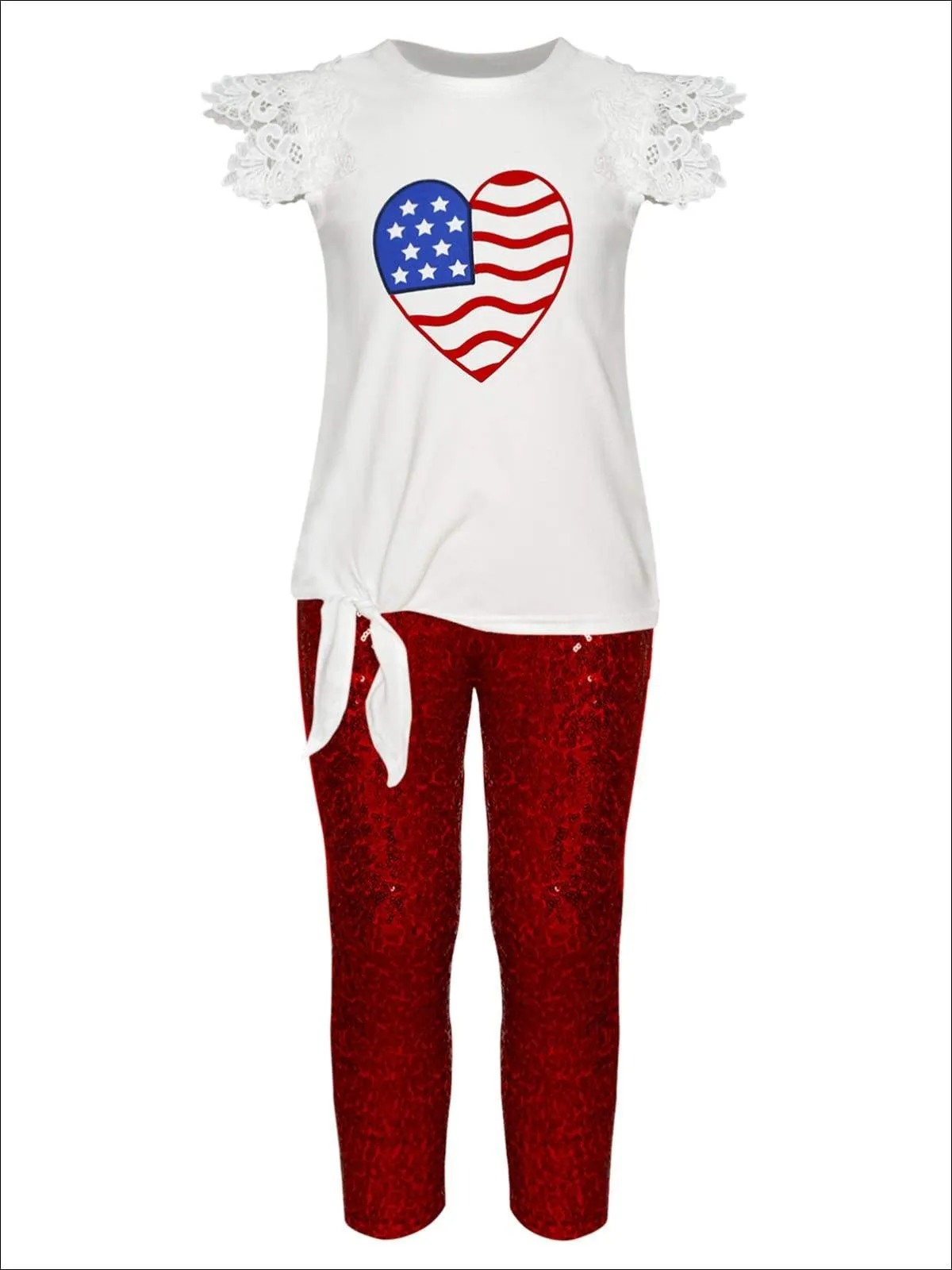 Girls 4th of July Themed American Flag Heart Top & Sequin Leggings Set