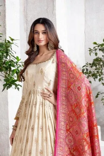 Golden Ivory Embellished Premium Silk Anarkali Set