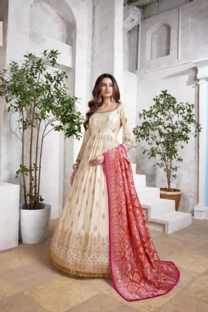 Golden Ivory Embellished Premium Silk Anarkali Set