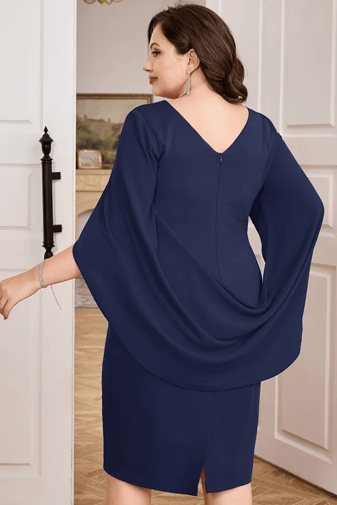 HN Contrast Fabric Party Cape Sleeve Crew Neck Dress