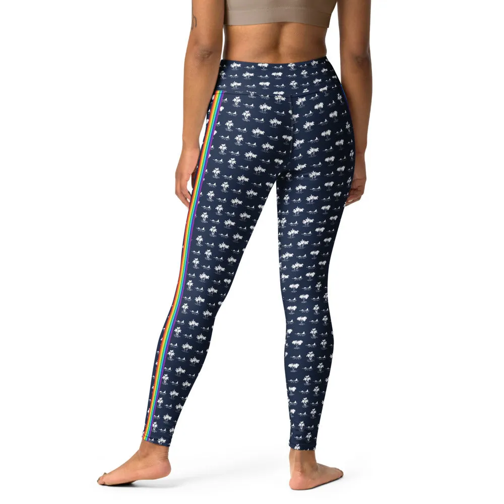 Navy Palm Tree Chakra Stripe High Waist Yoga Leggings