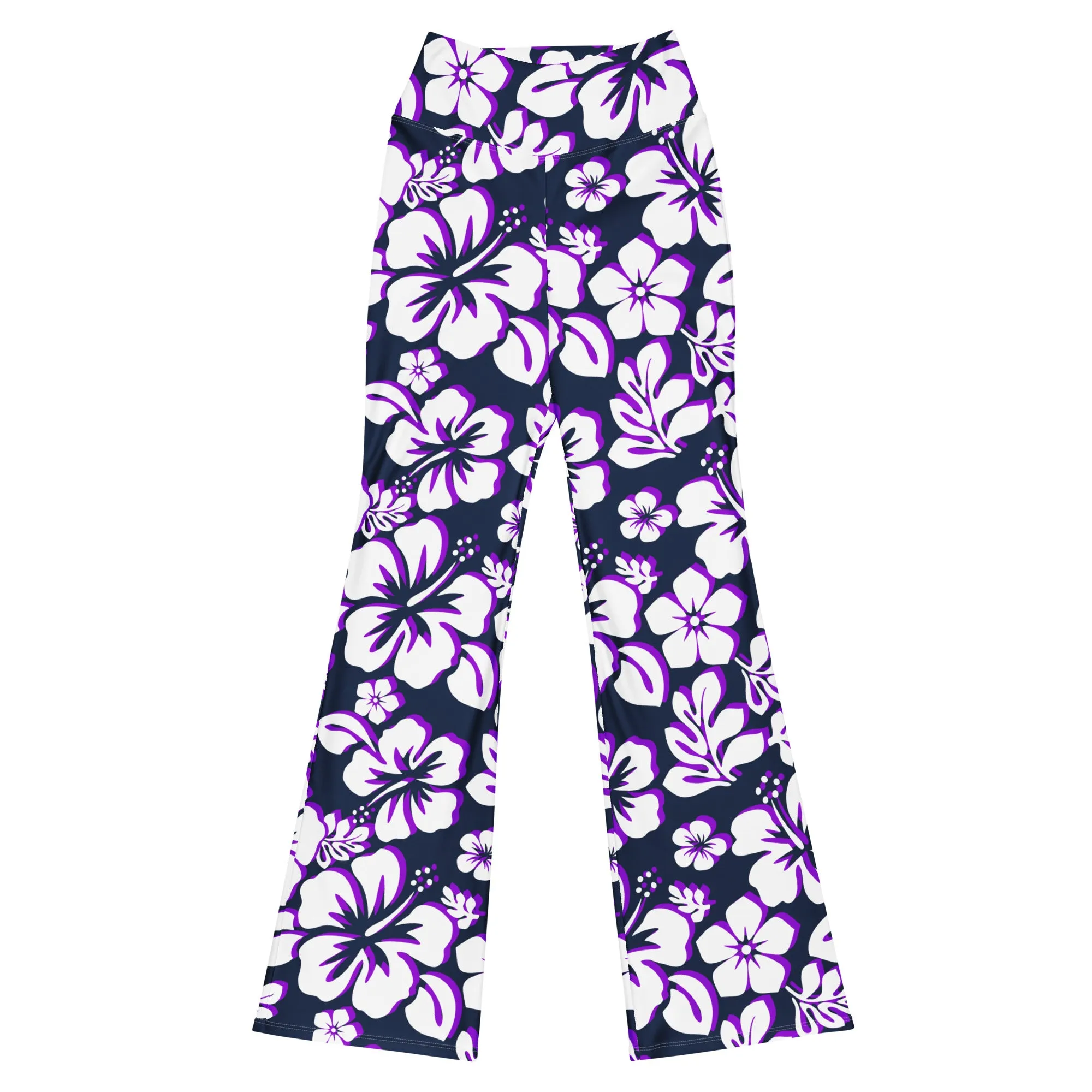 Navy, Purple and White Hawaiian Flowers Flare Leggings