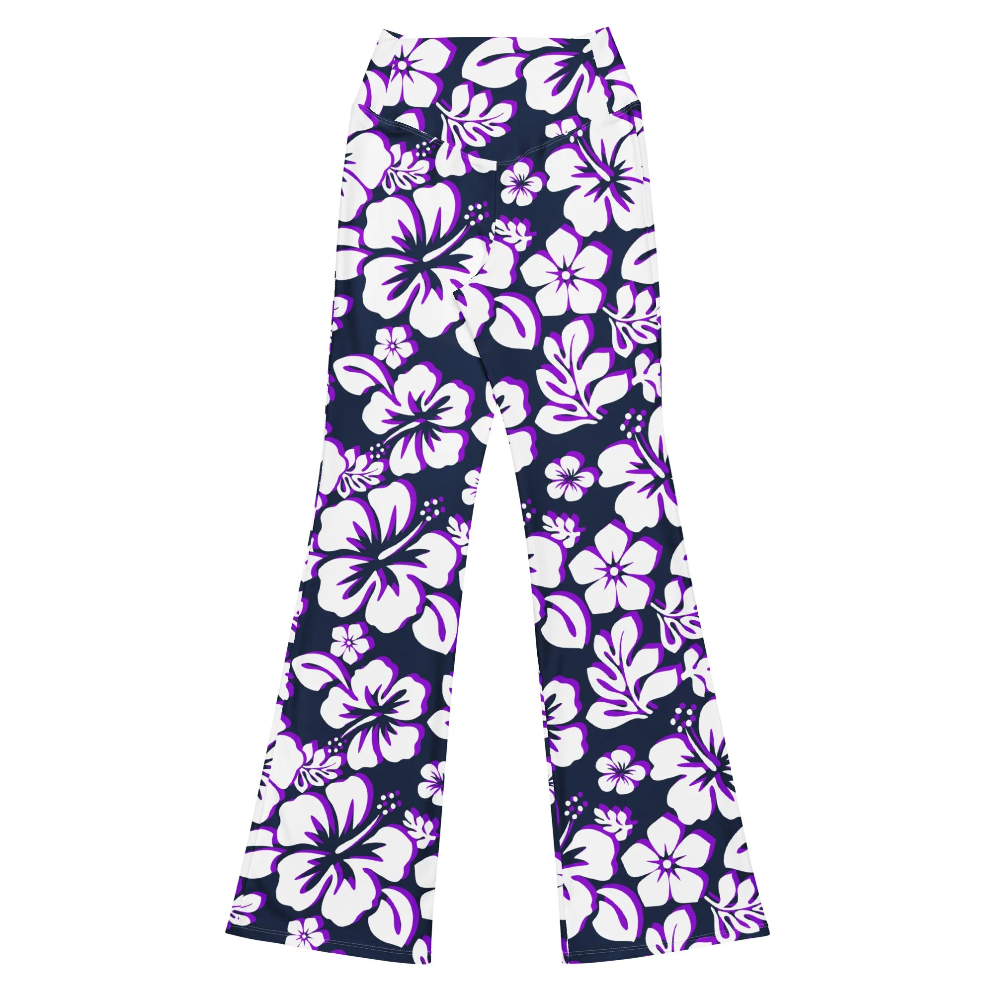 Navy, Purple and White Hawaiian Flowers Flare Leggings