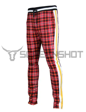 P11957-RED PLAID PATTERN TRAK PANTS-RED