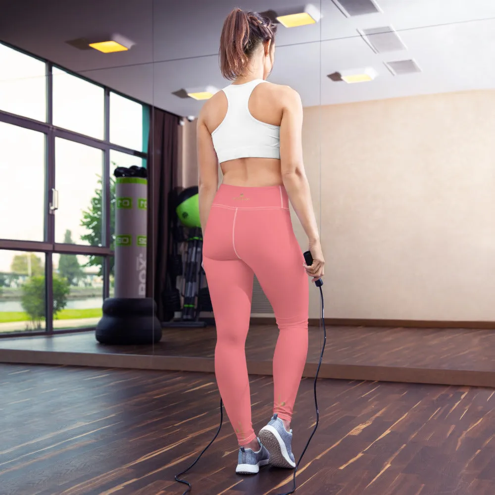 Peach Pink Yoga Leggings, Women's Solid Pink Color Long Yoga Pants-Made in USA/EU/MX