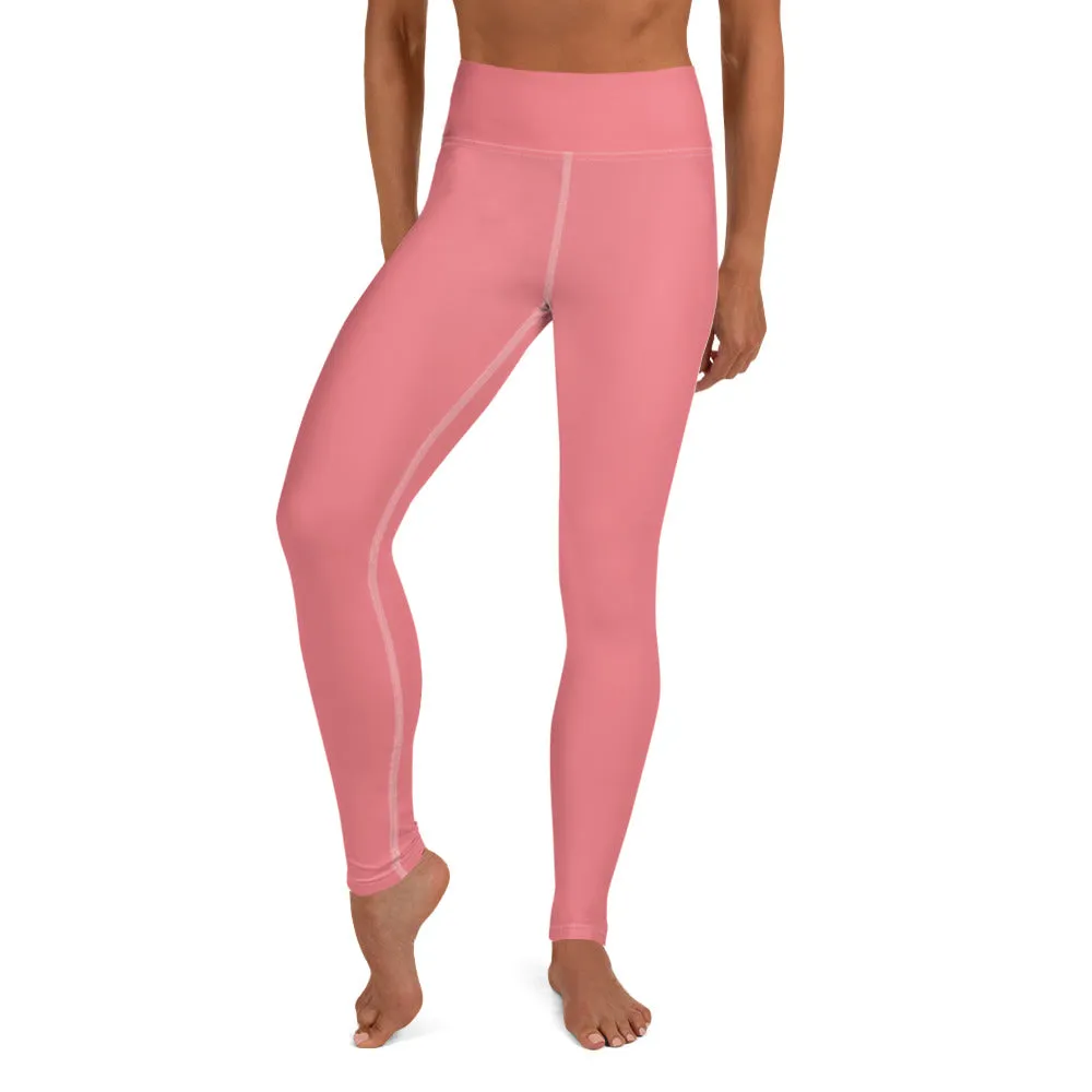 Peach Pink Yoga Leggings, Women's Solid Pink Color Long Yoga Pants-Made in USA/EU/MX