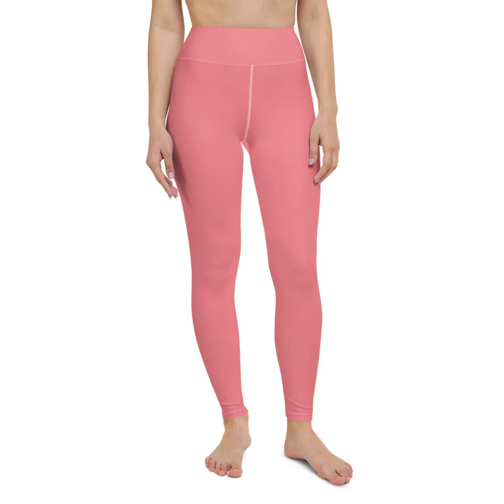 Peach Pink Yoga Leggings, Women's Solid Pink Color Long Yoga Pants-Made in USA/EU/MX