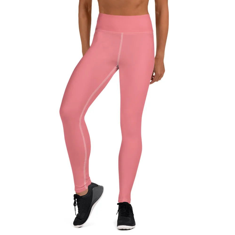 Peach Pink Yoga Leggings, Women's Solid Pink Color Long Yoga Pants-Made in USA/EU/MX