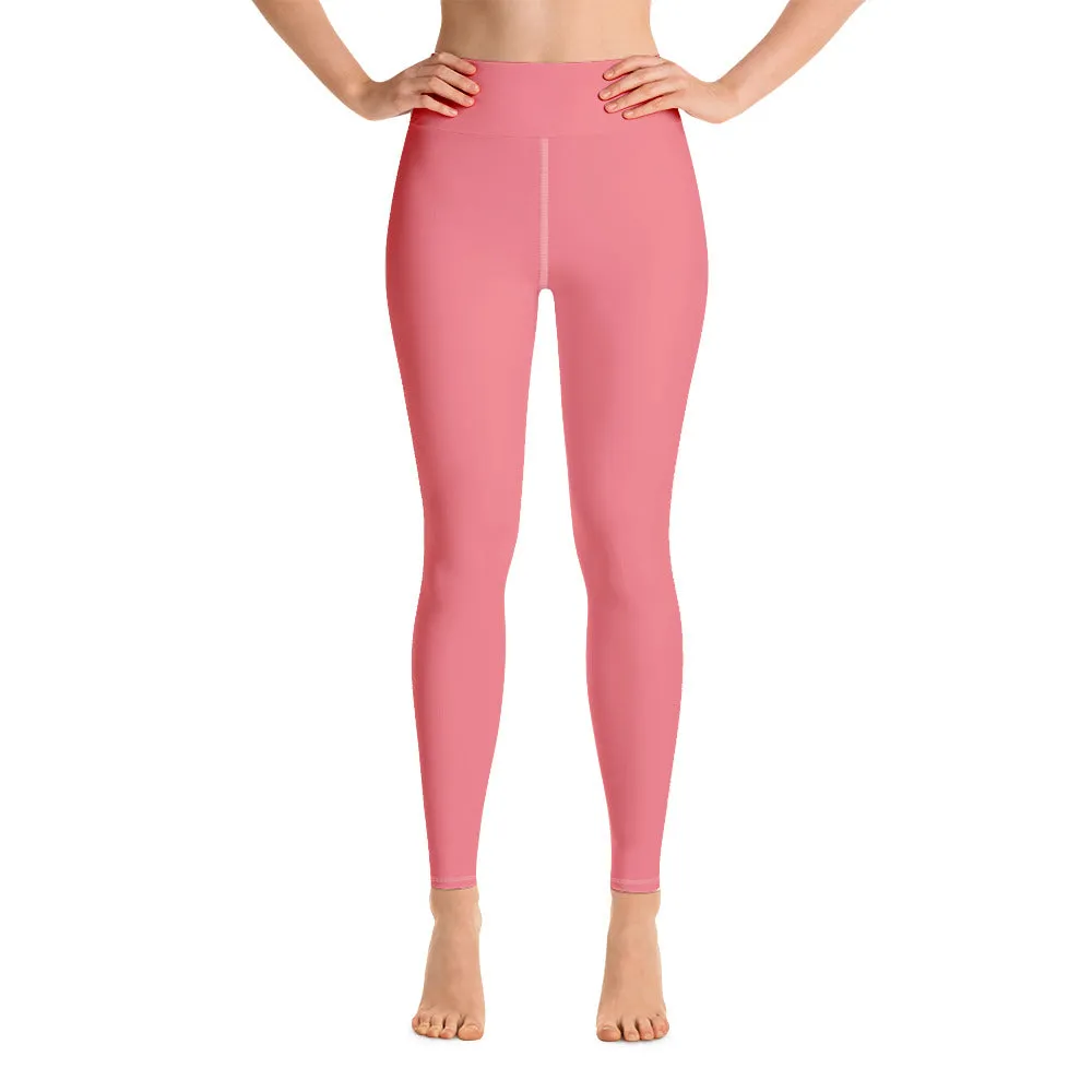 Peach Pink Yoga Leggings, Women's Solid Pink Color Long Yoga Pants-Made in USA/EU/MX