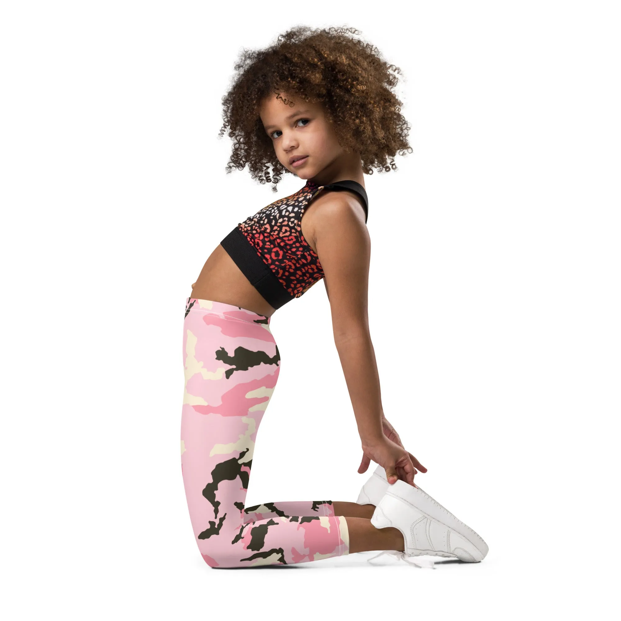 Pink Camo Print Kid's Leggings, Kid's Camouflaged Military Print Leggings Elastic Fitness Tights- Made in USA/ EU