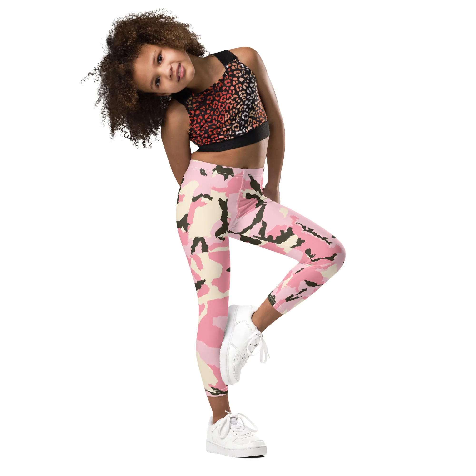 Pink Camo Print Kid's Leggings, Kid's Camouflaged Military Print Leggings Elastic Fitness Tights- Made in USA/ EU