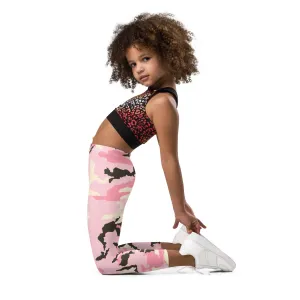Pink Camo Print Kid's Leggings, Kid's Camouflaged Military Print Leggings Elastic Fitness Tights- Made in USA/ EU